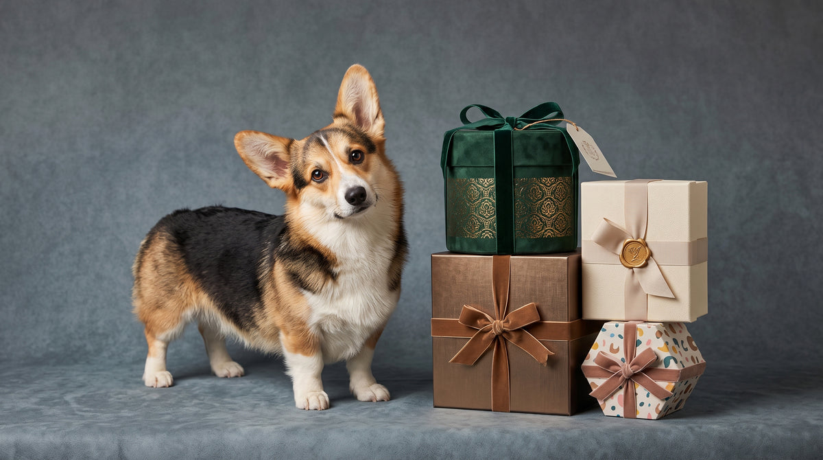 Corgi à côté de boîtes cadeaux ornées de rubans