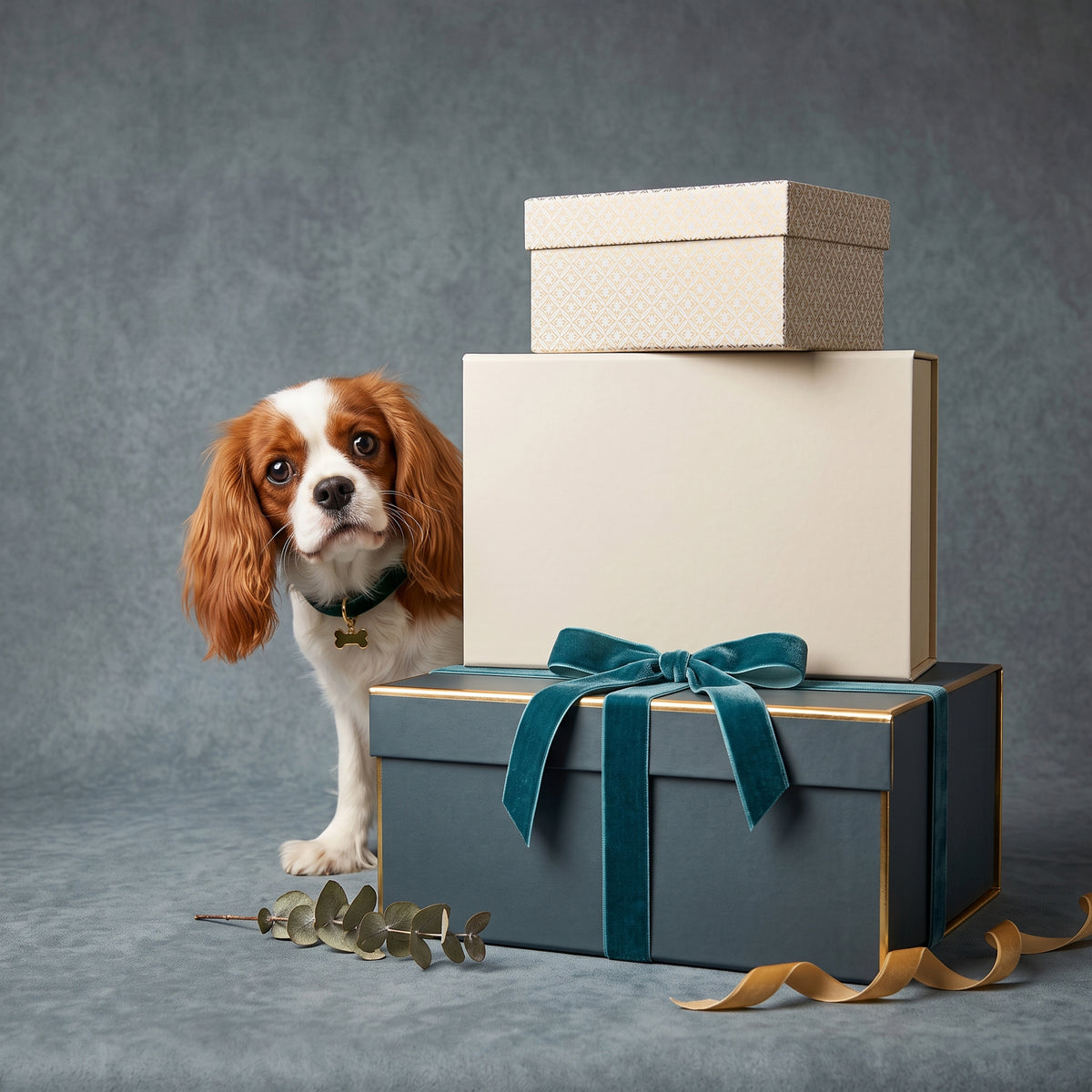 Spaniel beside stacked gift boxes