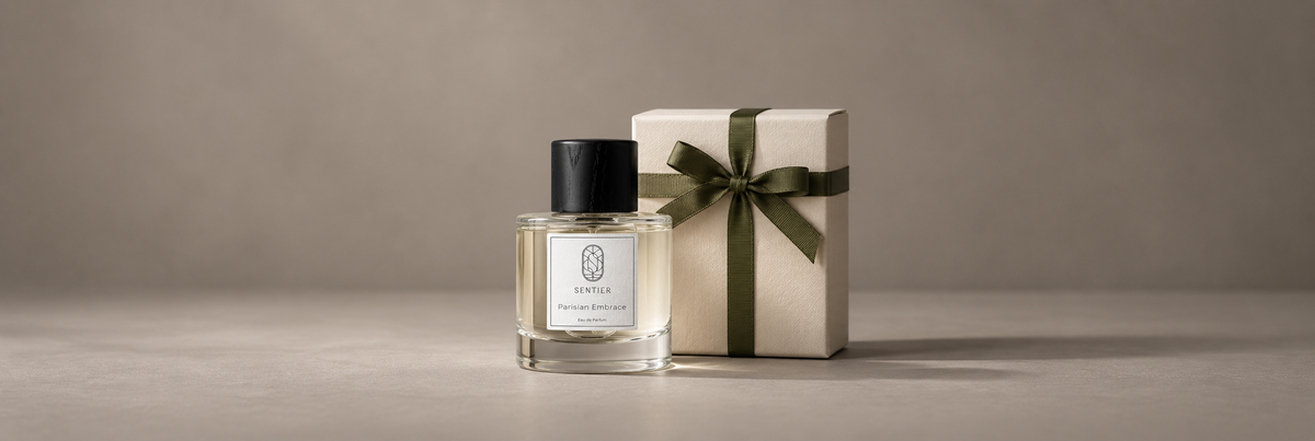 Sentier Parisian Embrace perfume beside an ivory gift box tied with an olive ribbon