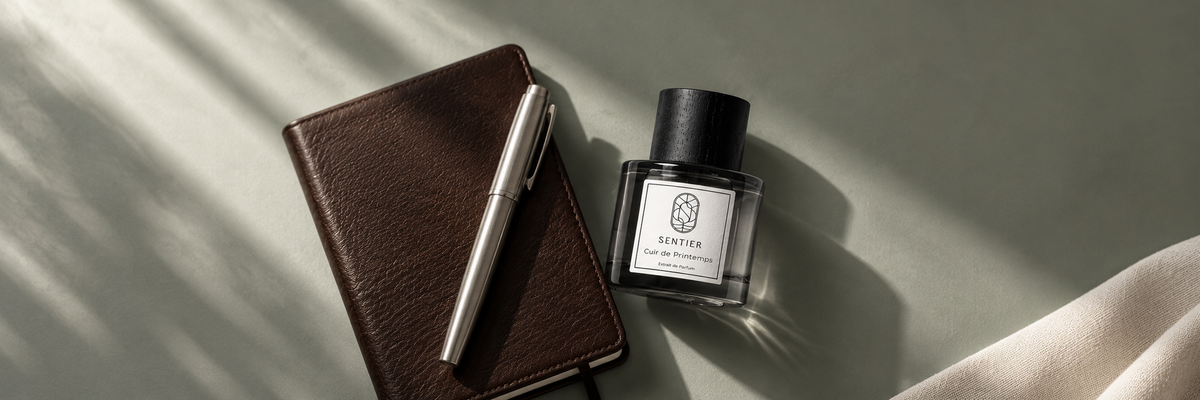 Sentier Cuir de Printemps perfume beside a leather diary and silver pen